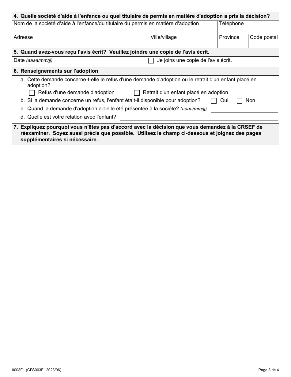 Forme 3 (0008F; CFS003F) Demande De Revision Du Refus De La Demande Dadoption - Ontario, Canada (French), Page 3