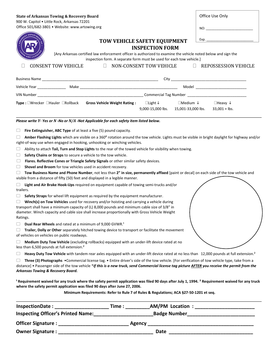 Tow Vehicle Safety Equipment Inspection Form - Arkansas, Page 1