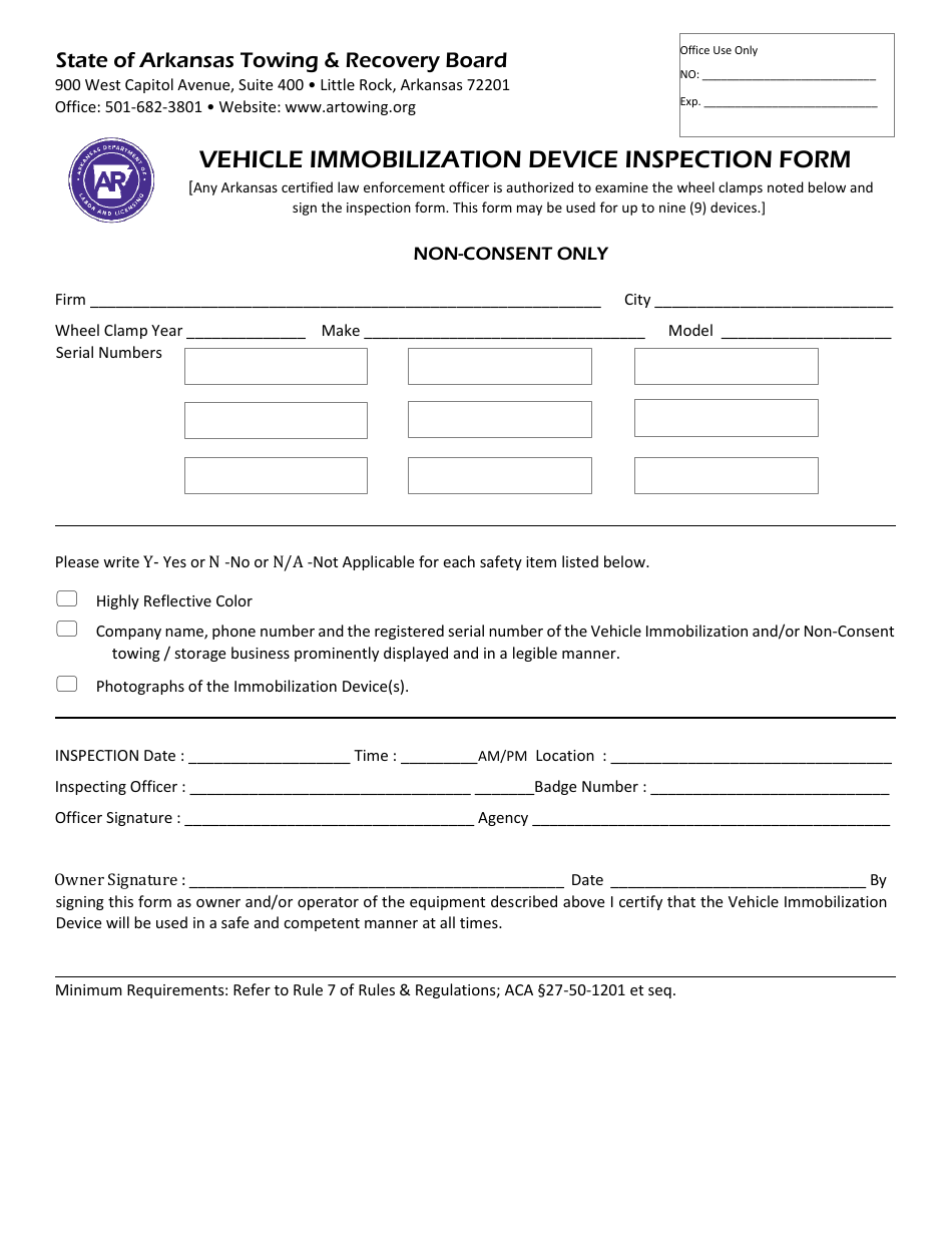 Vehicle Immobilization Device Inspection Form - Arkansas, Page 1