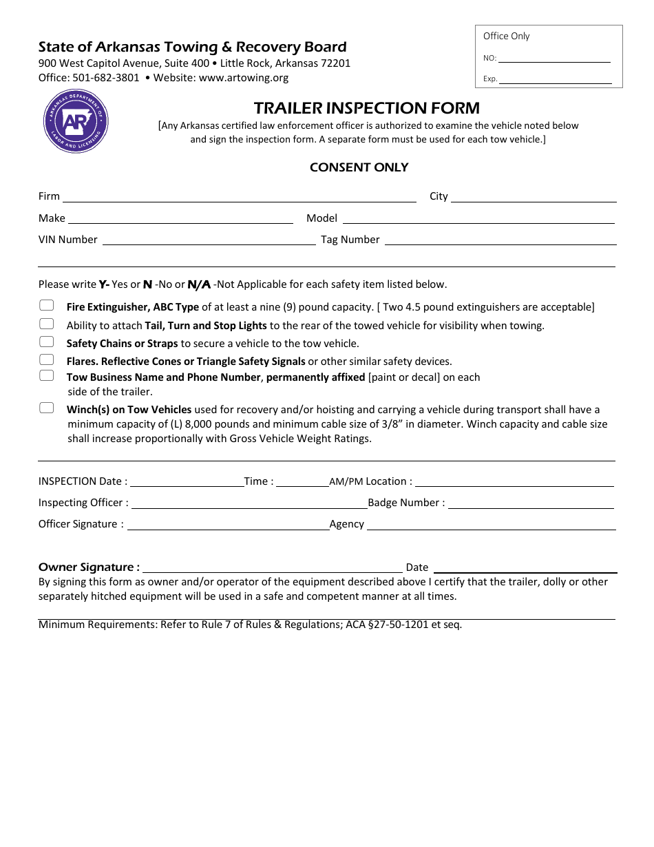 Trailer Inspection Form - Arkansas, Page 1