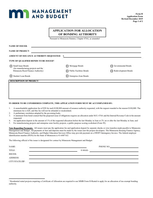 Form H Application for Allocation of Bonding Authority - Minnesota