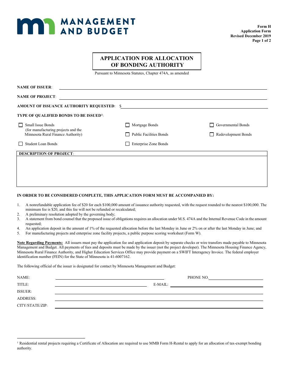 Form H Application for Allocation of Bonding Authority - Minnesota, Page 1