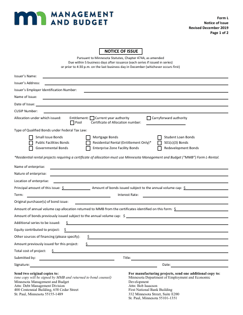 Form L Notice of Issue - Minnesota