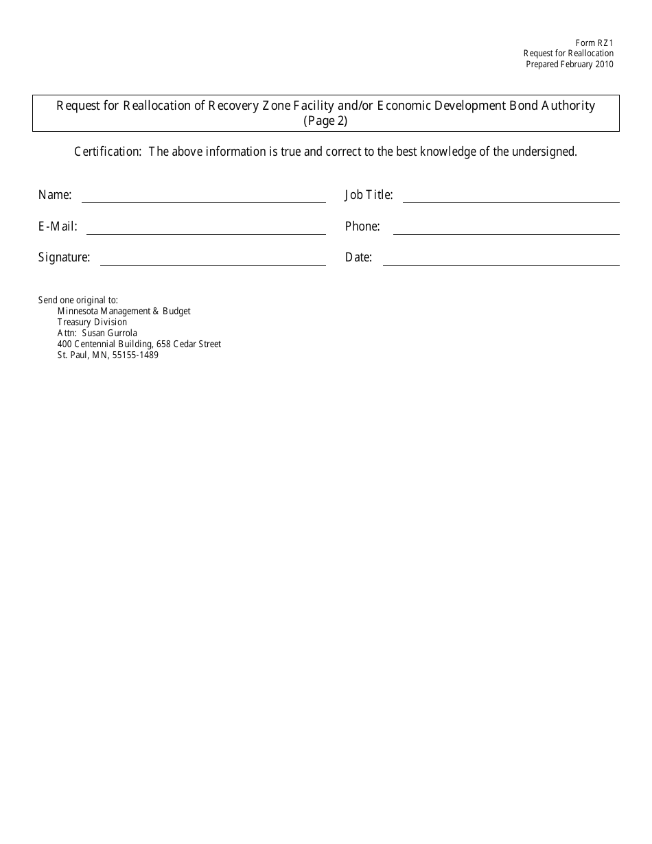 Form RZ1 Request for Reallocation of Recovery Zone Facility and / or Economic Development Bond Authority - Minnesota, Page 2