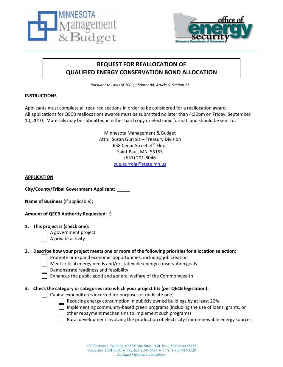 Request for Reallocation of Qualified Energy Conservation Bond Allocation - Minnesota, Page 1
