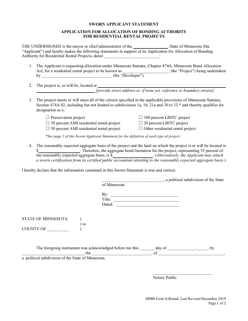 Form S-RENTAL Sworn Applicant Statement - Application for Allocation of Bonding Authority for Residential Rental Projects - Minnesota