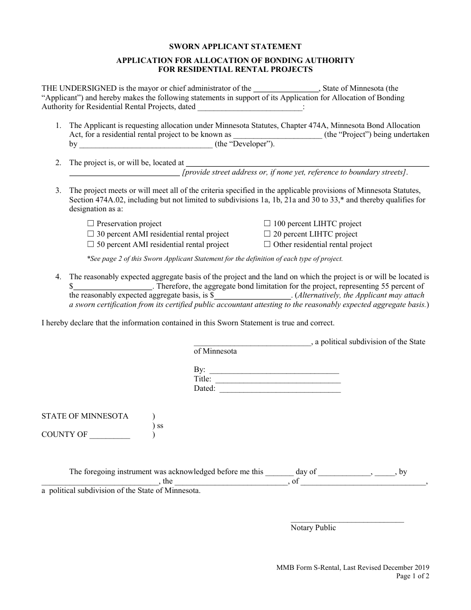 Form S-RENTAL Sworn Applicant Statement - Application for Allocation of Bonding Authority for Residential Rental Projects - Minnesota, Page 1