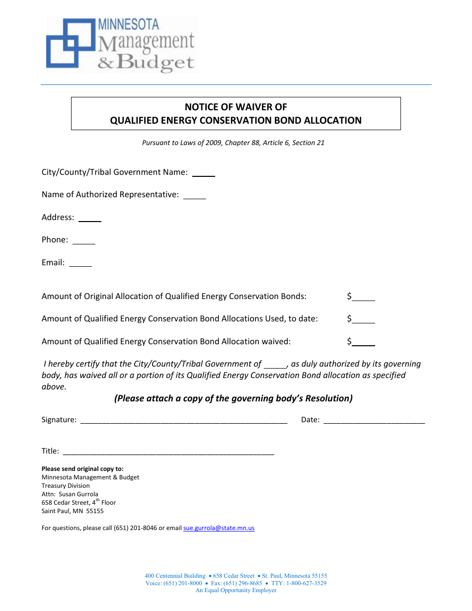 Notice of Waiver of Qualified Energy Conservation Bond Allocation - Minnesota, Page 1