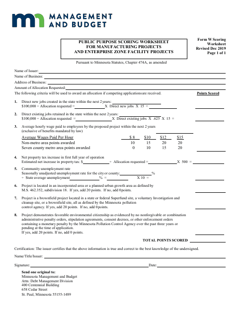 Form W Public Purpose Scoring Worksheet for Manufacturing Projects and Enterprise Zone Facility Projects - Minnesota