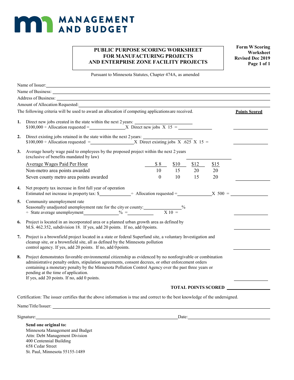 Form W Public Purpose Scoring Worksheet for Manufacturing Projects and Enterprise Zone Facility Projects - Minnesota, Page 1