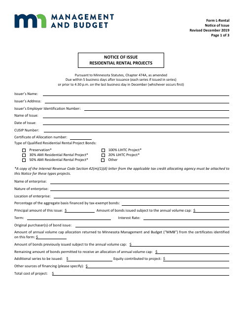 Form L-RENTAL Notice of Issue - Residential Rental Projects - Minnesota