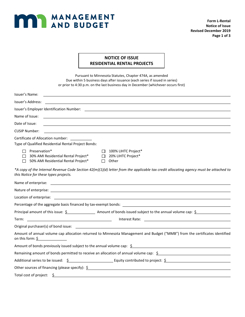 Form L-RENTAL Notice of Issue - Residential Rental Projects - Minnesota, Page 1