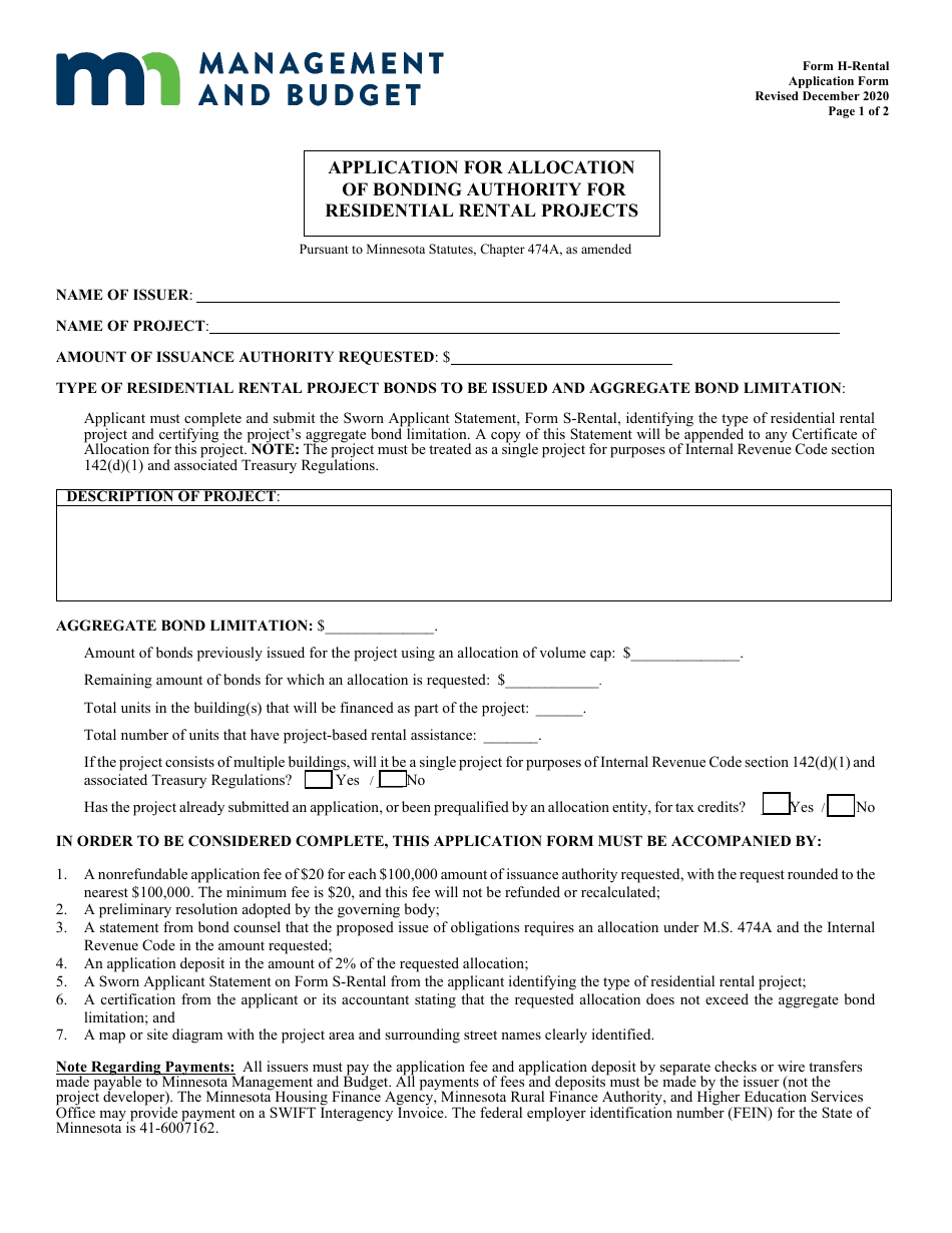 Form H-RENTAL Application for Allocation of Bonding Authority for Residential Rental Projects - Minnesota, Page 1