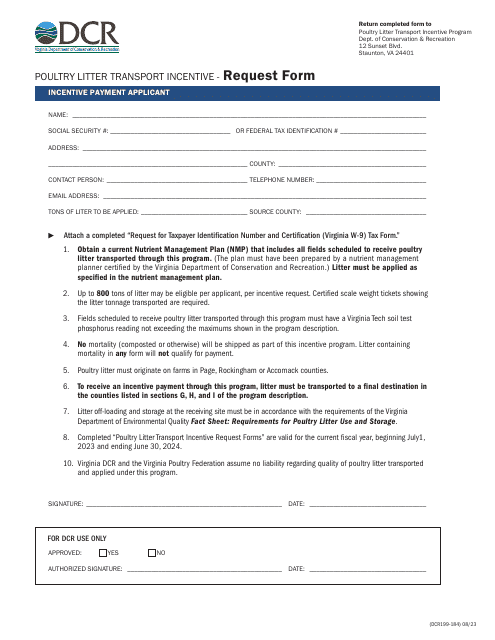 Form DCR199-184 Poultry Litter Transport Incentive Request Form - Virginia