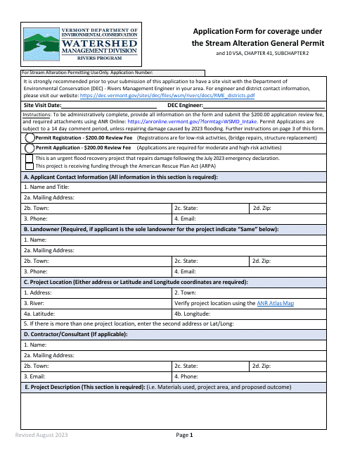 Application Form for Coverage Under the Stream Alteration General Permit - Vermont