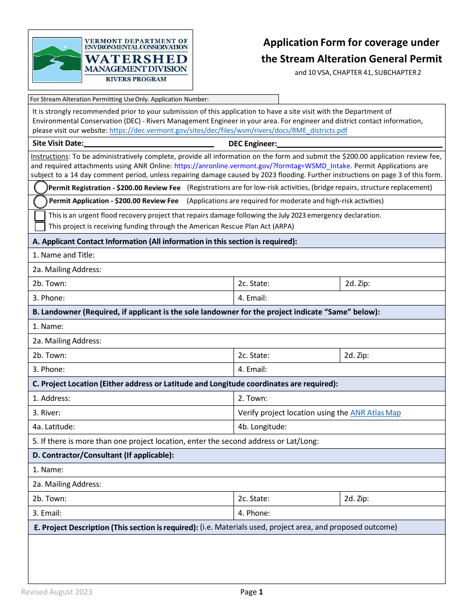 Application Form for Coverage Under the Stream Alteration General Permit - Vermont, Page 1