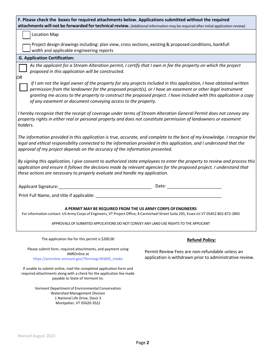 Application Form for Coverage Under the Stream Alteration General Permit - Vermont, Page 2