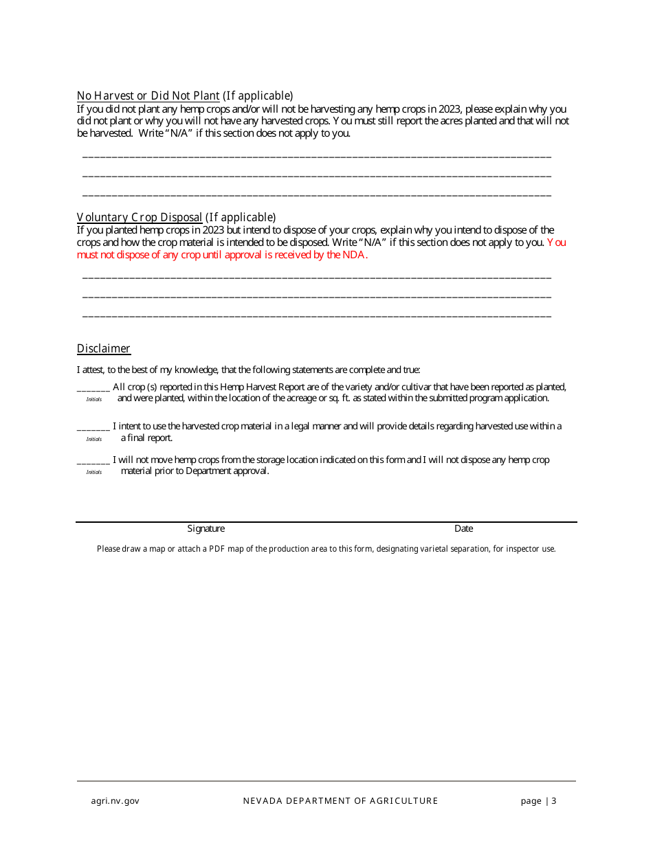 Hemp Harvest-Crop Report / Inspection Request Form - Nevada, Page 3
