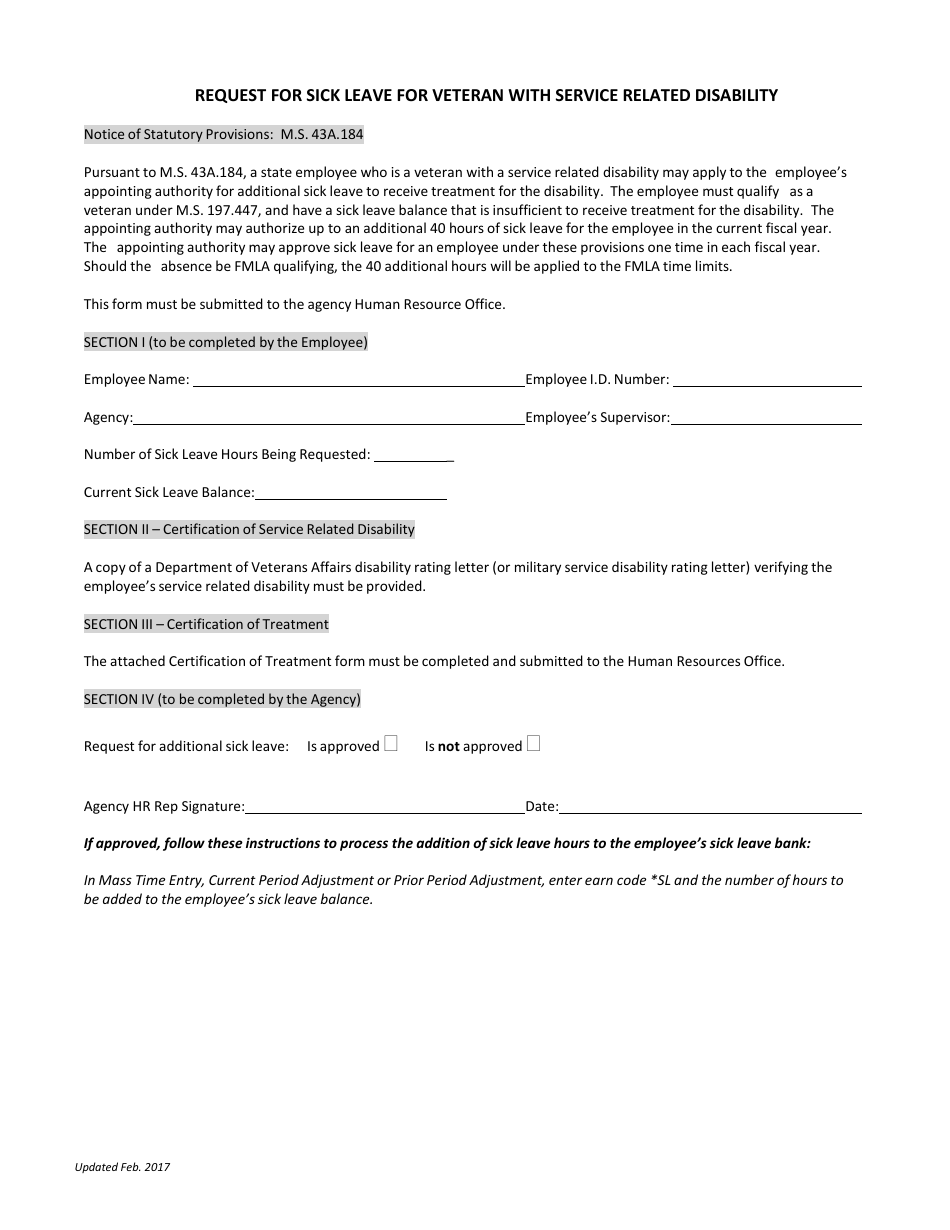 Request for Sick Leave for Veteran With Service Related Disability - Minnesota, Page 1