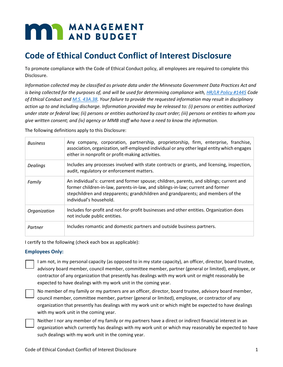 Minnesota Code of Ethical Conduct Conflict of Interest Disclosure