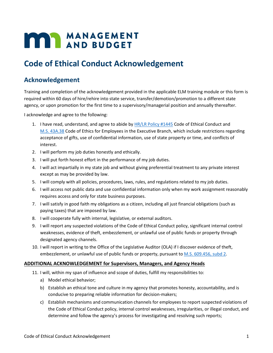 Minnesota Code of Ethical Conduct Acknowledgement - Fill Out, Sign ...