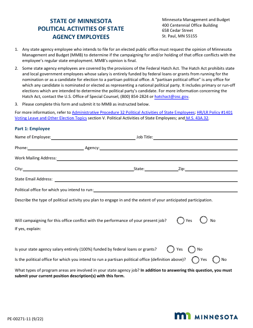 Form PE-00271-11 Political Activities of State Agency Employees Form - Minnesota