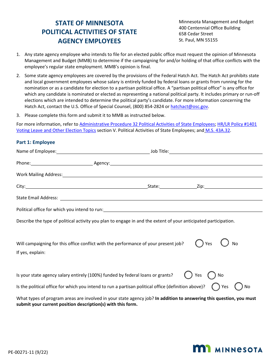Form PE-00271-11 Political Activities of State Agency Employees Form - Minnesota, Page 1