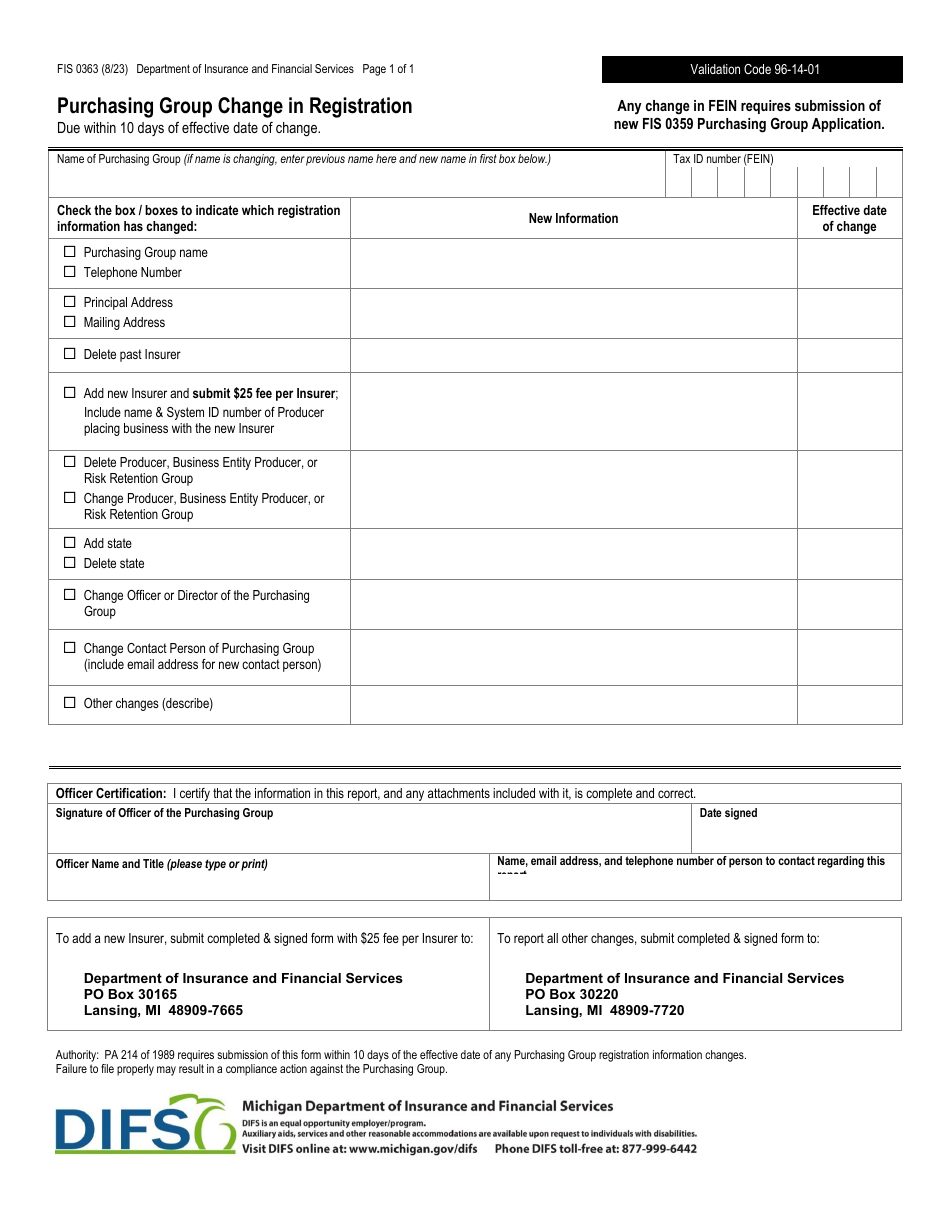 Form FIS0363 Purchasing Group Change in Registration - Michigan, Page 1