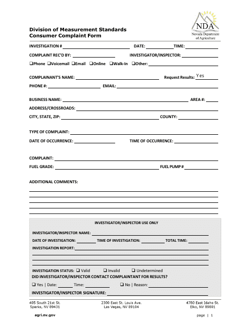 Consumer Complaint Form - Weights & Measures - Nevada