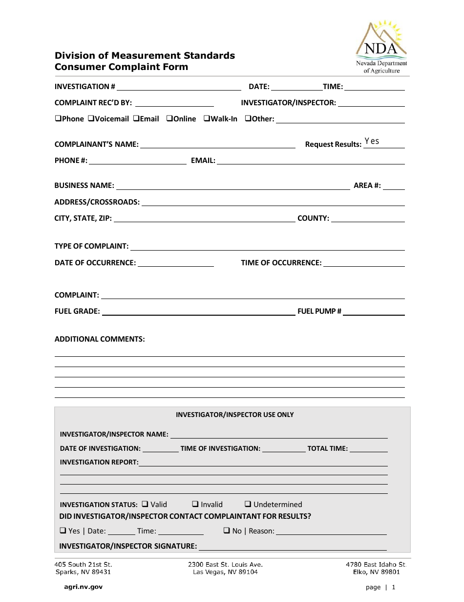 Consumer Complaint Form - Weights  Measures - Nevada, Page 1