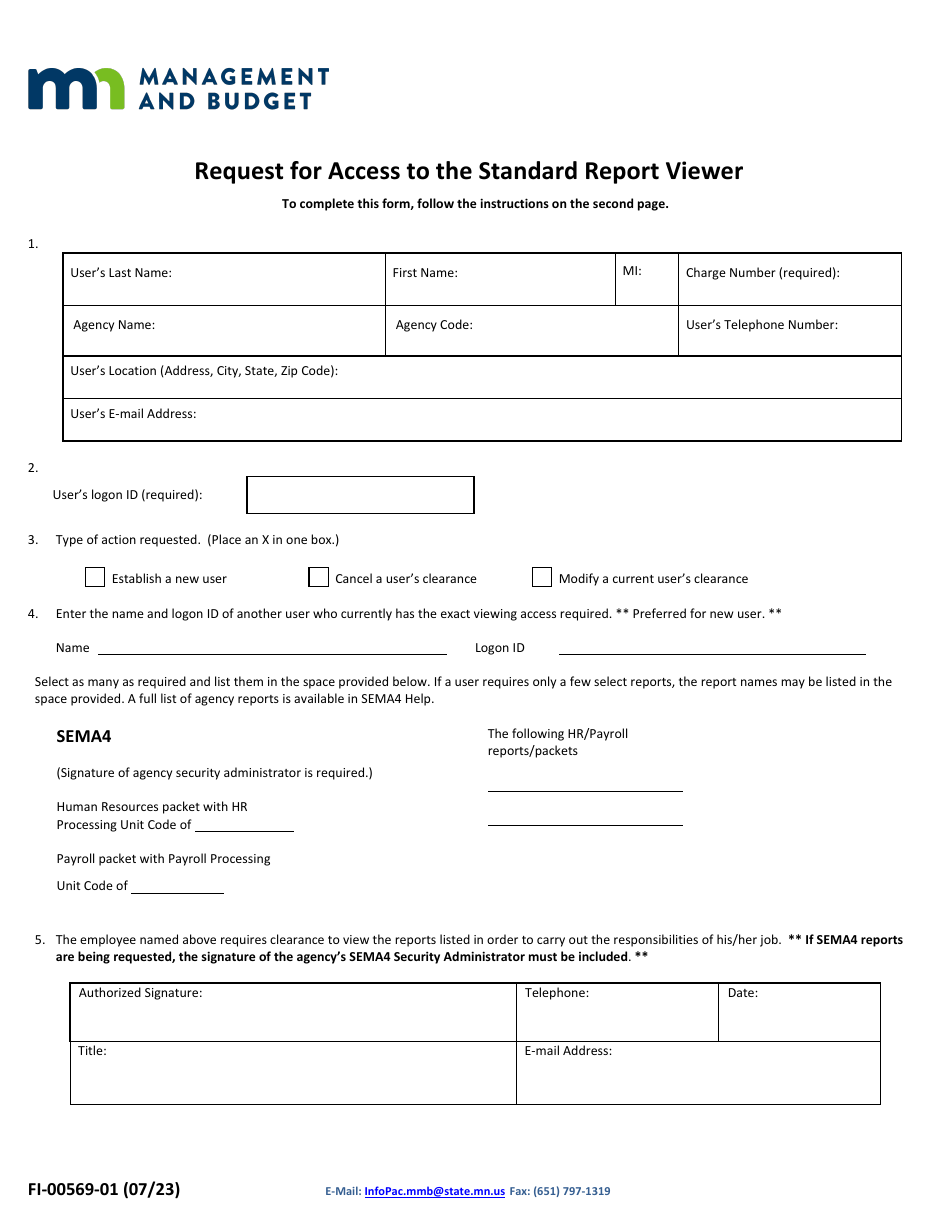 Form FI-00569-01 Request for Access to the Standard Report Viewer - Minnesota, Page 1