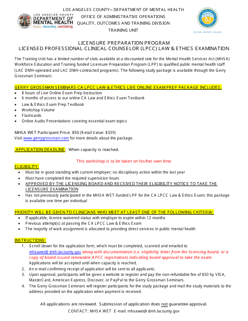 Licensed Professional Clinical Counselor (Lpcc) Law & Ethics Examination - Licensure Preparation Program - County of Los Angeles, California Download Pdf