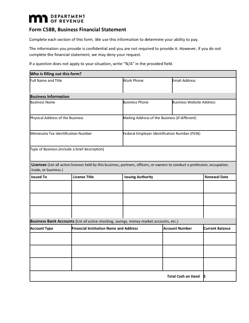 Form C58B Business Financial Statement - Minnesota