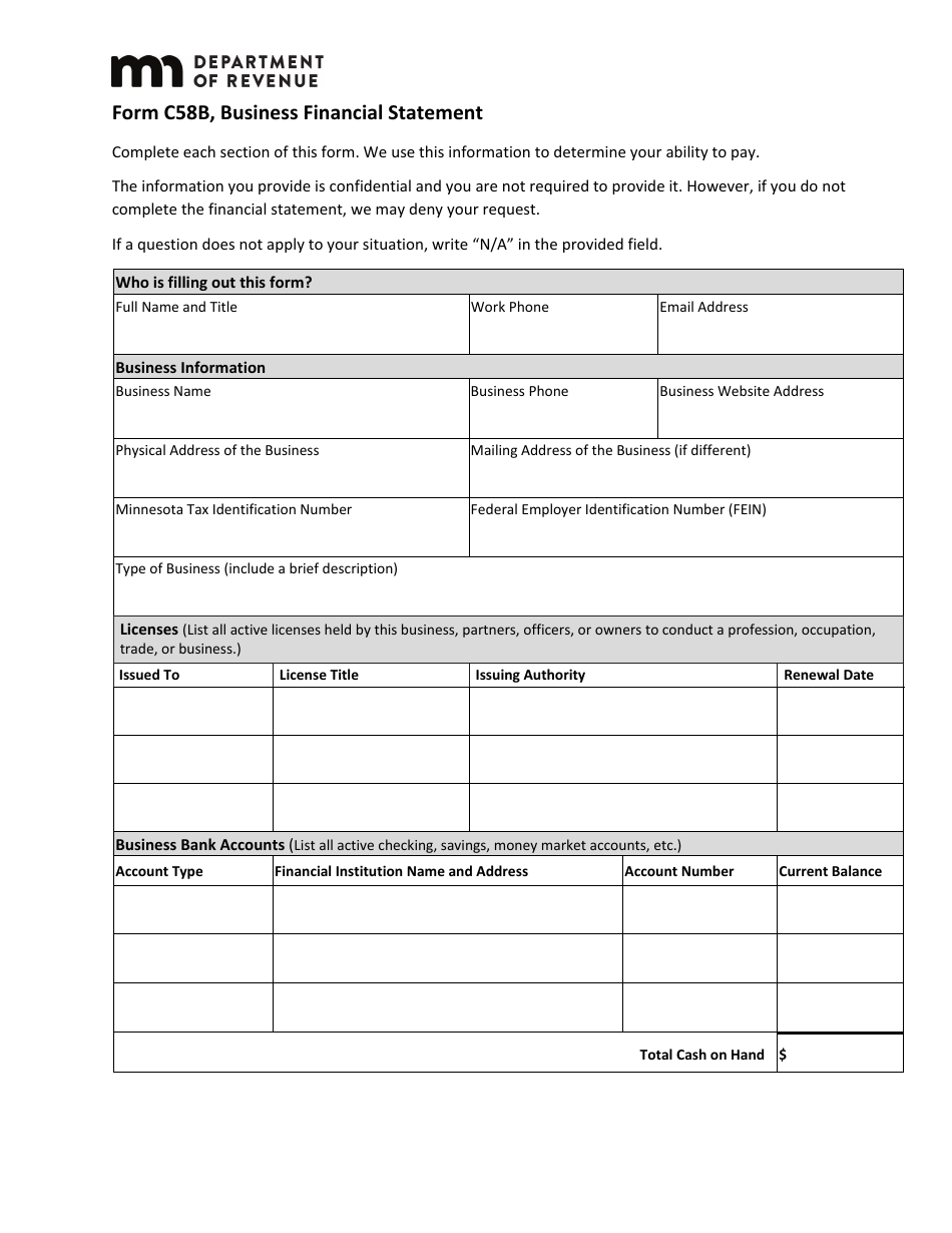 Form C58B Business Financial Statement - Minnesota, Page 1