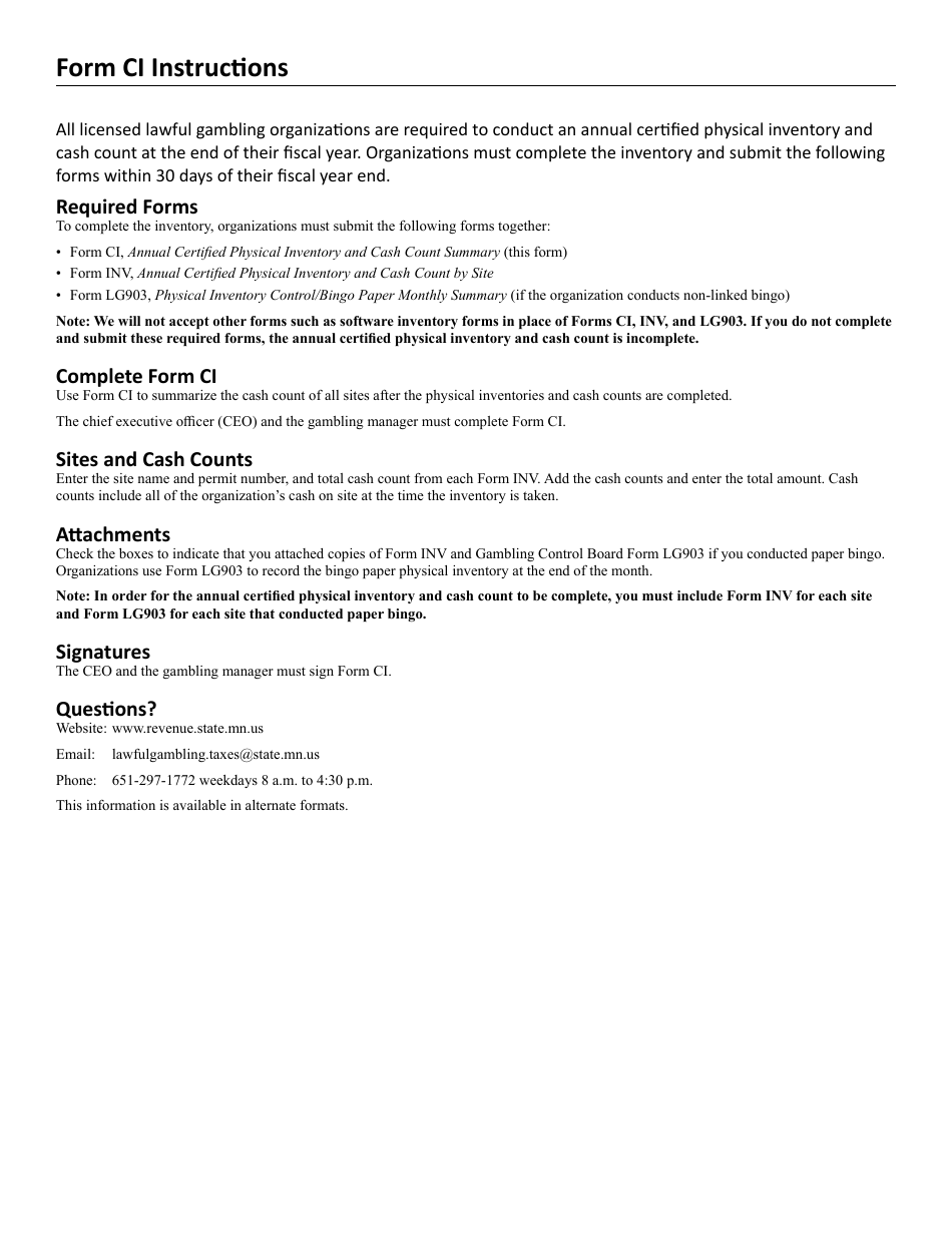 Form CI Annual Certified Physical Inventory and Cash Count Summary - Minnesota, Page 2