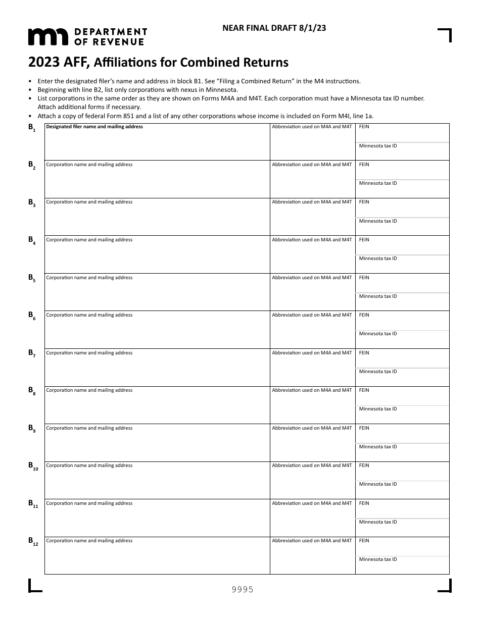 Form AFF Affiliations for Combined Returns - Draft - Minnesota, Page 1