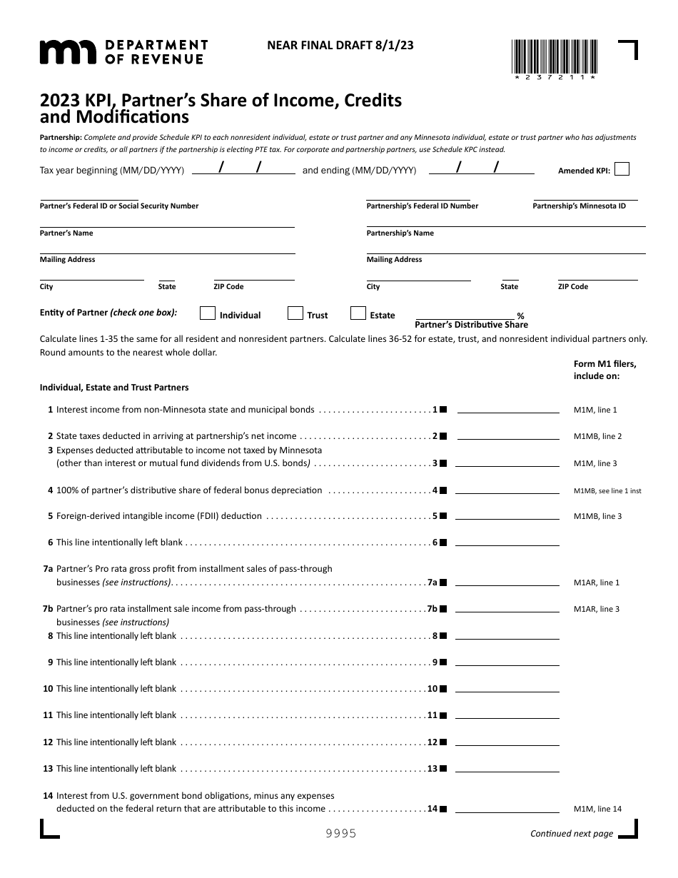 Form KPI Partners Share of Income, Credits and Modifications - Draft - Minnesota, Page 1