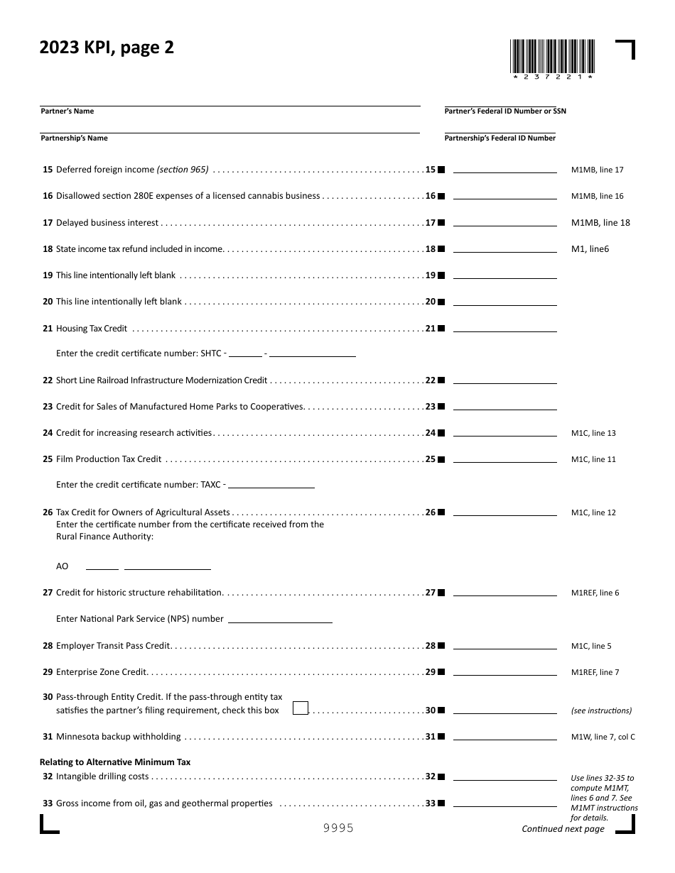 Form KPI Partners Share of Income, Credits and Modifications - Draft - Minnesota, Page 2
