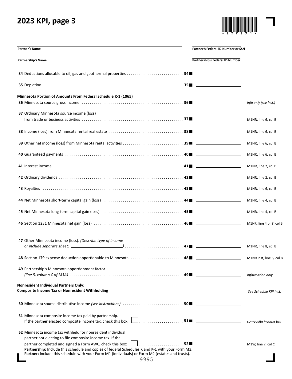 Form KPI Partners Share of Income, Credits and Modifications - Draft - Minnesota, Page 3