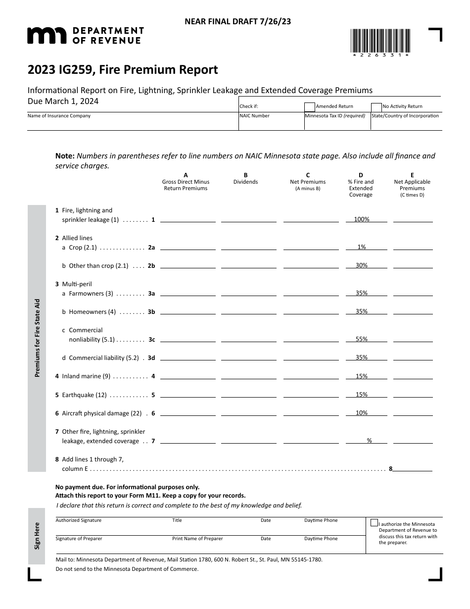 Form IG259 Fire Premium Report - Draft - Minnesota, Page 1