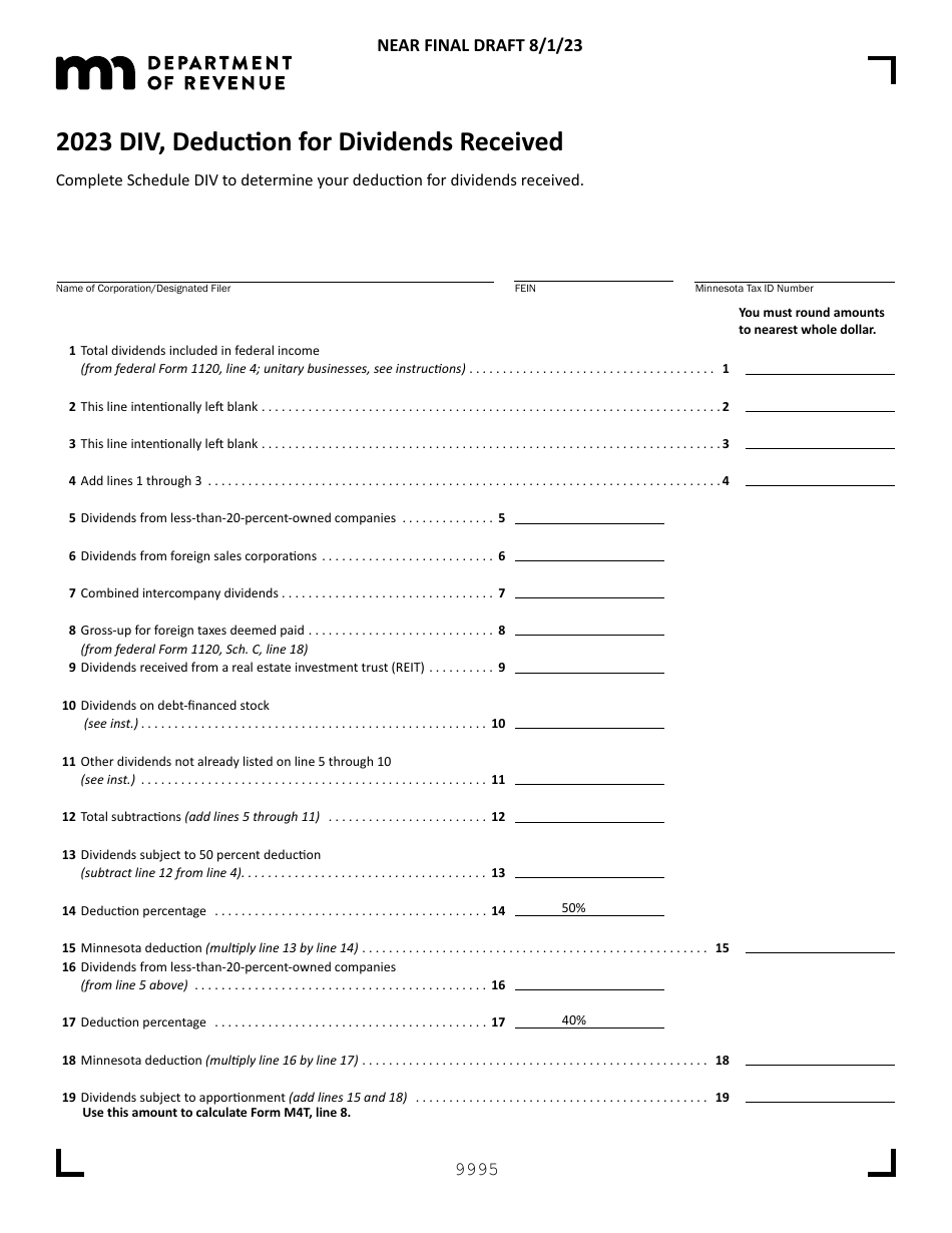 Form DIV Deduction for Dividends Received - Draft - Minnesota, Page 1