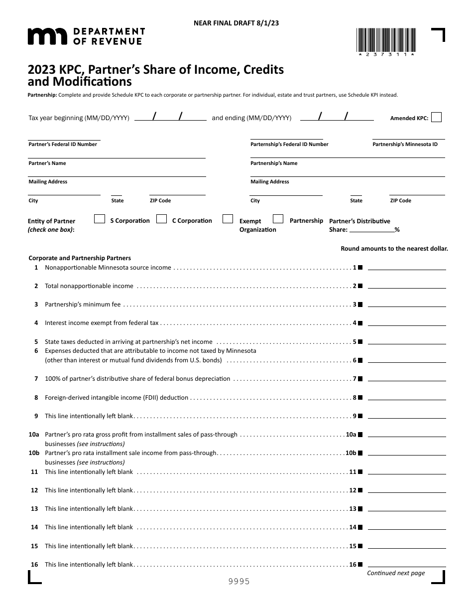 Form KPC Partners Share of Income, Credits and Modifications - Draft - Minnesota, Page 1