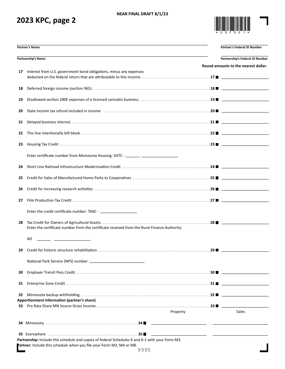 Form KPC Partners Share of Income, Credits and Modifications - Draft - Minnesota, Page 2
