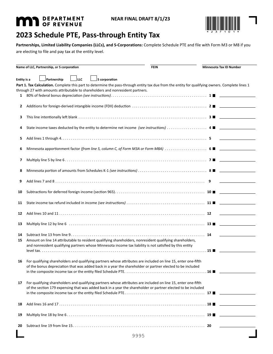 Schedule PTE Download Printable PDF or Fill Online PassThrough Entity