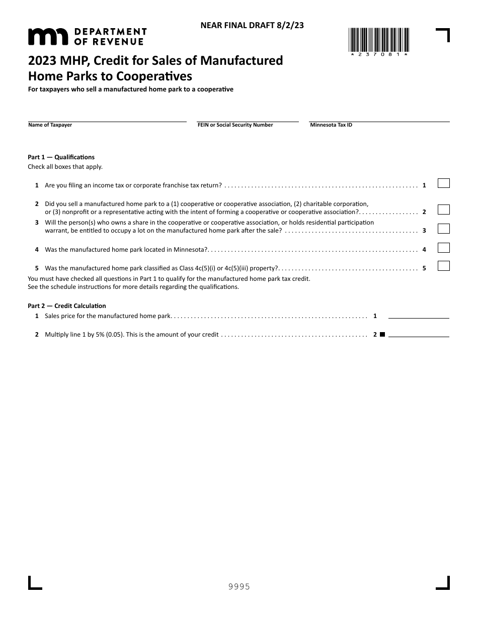 Form MHP Credit for Sales of Manufactured Home Parks to Cooperatives - Draft - Minnesota, Page 1