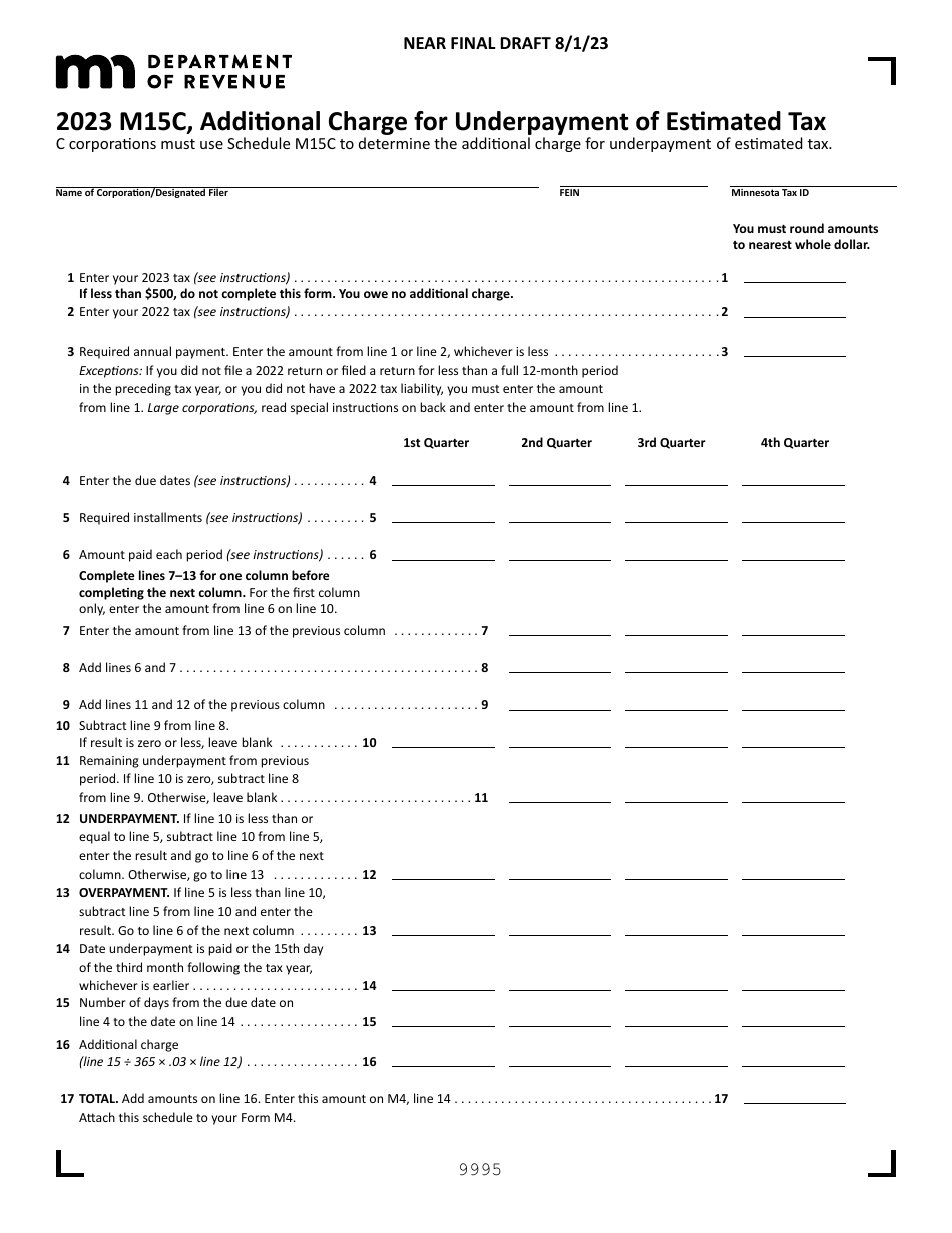 Form M15C Additional Charge for Underpayment of Estimated Tax - Draft - Minnesota, Page 1