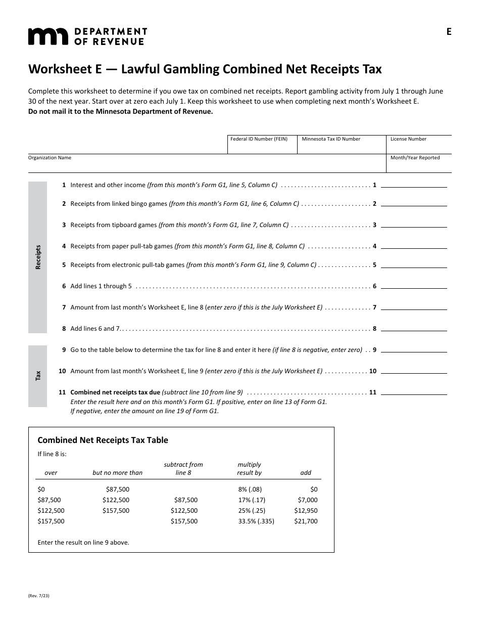 Worksheet E Lawful Gambling Combined Net Receipts Tax - Minnesota, Page 1