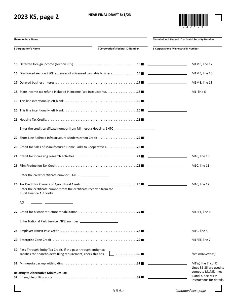 Form KS Shareholders Share of Income, Credits and Modifications - Draft - Minnesota, Page 2