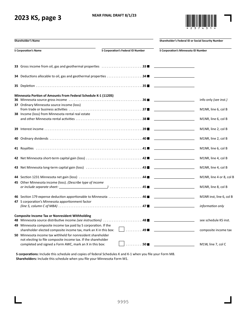 Form KS Shareholders Share of Income, Credits and Modifications - Draft - Minnesota, Page 3