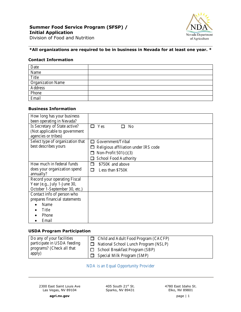 Initial Application - Summer Food Service Program (Sfsp) - Nevada, Page 1